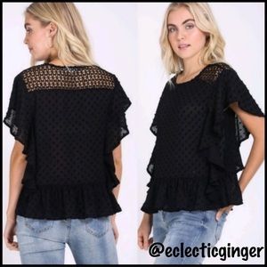 Black Swiss dot flutter sleeve top S/M/L
